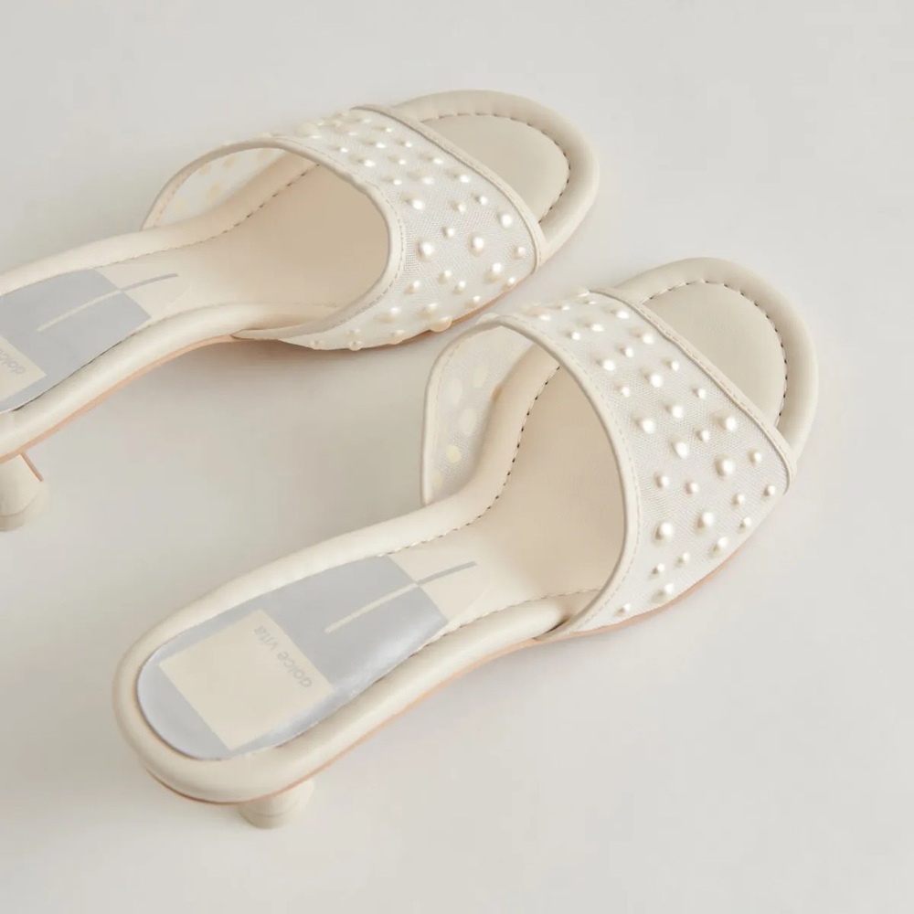 Dolce Vita Pearl-Studded Cream Slide Heels